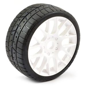 SWEEP 1/8TH EXP GT TREAD GLUED 40DEG TYRES W/BELT / EVO16 WHITE WHEELS / HIGH (PR)