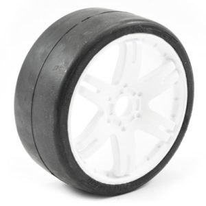 SWEEP 1/8TH GT SLICK GLUED 45DEG TYRES W/BELT / 6IX PAK WHITE WHEELS / BASIC (PR)