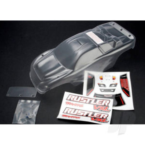 Traxxas Body, Rustler (clear, requires painting) / window, lights decal sheet / wing and aluminium hardware