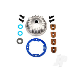Traxxas Housing, center Differential (Aluminium) / x-ring gaskets (2 pcs) / ring gear gasket / bushings (2 pcs) / 5x10x0.5mm PTFE-coated washers (2 pcs) / 2.5x8 CCS (4 pcs)