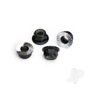 Traxxas Nuts, 5mm flanged nylon locking (Aluminium, black-anodized, serrated) (4 pcs)