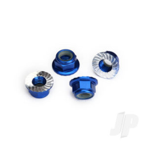 Traxxas Nuts, 5mm flanged nylon locking (Aluminium, Blue-anodized, serrated) (4 pcs)