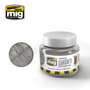 CONCRETE TEXTURE ACRYLIC 250ML With a unique formula that provides extremely realistic results, AMMO has created the new CONCRETE TEXTURE effect to add the perfect finish to your small scenes and dioramas, practically indistinguishable from real concrete. The product features an acrylic base, which makes it easy to use and clean-up is simple. It can be applied to both large and small surfaces. The application method is remarkably simple: you can use any kind of tool at hand and the CONCRETE TEXTURE can be mixed with other weathering materials such as pigments or acrylic paints to create a full range of authentic concrete effects. It can be used for any scale ranging from 1/16 to 1/48. If the resulting surface texture is too grainy for smaller scales, the texture can be reduced by simply sanding the surface until the desired finish is achieved once the product has dried. Non-toxic, odourless, and can be cleaned and thinned with water; dries completely within 24 hours and can be mixed with similar products from our acrylic textures range.