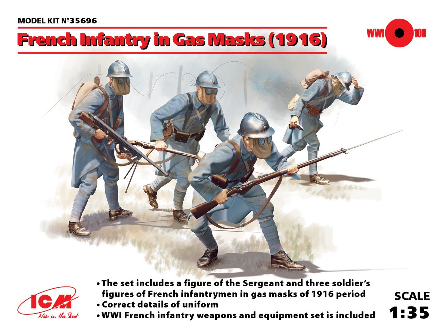 ICM 1/35 French Infantry In Gas Masks (1918) 4 Figures ICM35696
