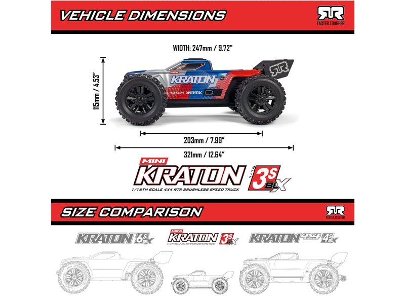 Arrma 1/16 Mini Kraton 3S (No Batt & Charger) Red ARA2508T1